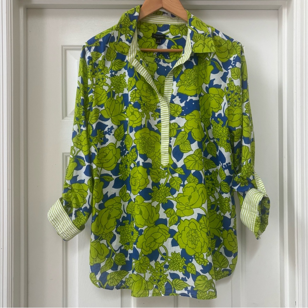 Talbots Green Blue Floral Cotton Tunic Blouse | Women’s XL Preppy Coastal Top - Picture 3 of 13